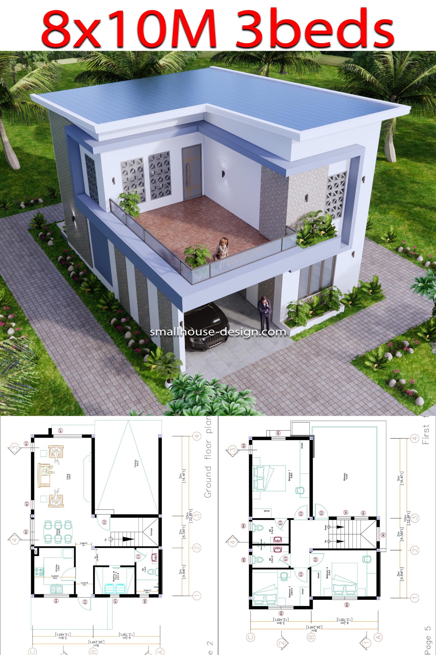 2 story House Design Plans 8x10 Meter 26x33 Feet Shed Roof PDF Plan p4