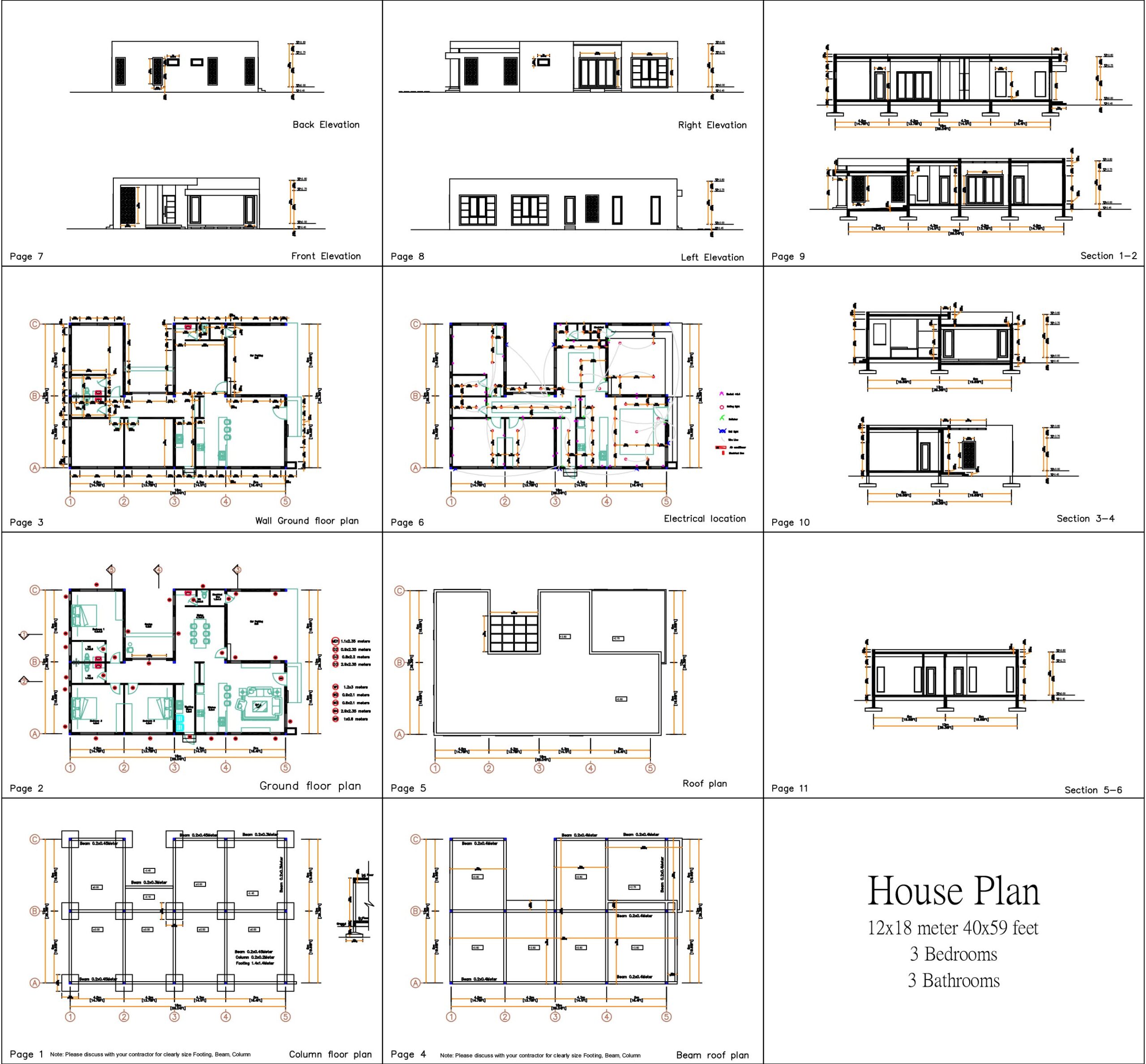 40x59 Feet House Design Plans 12x8 Meter 3 Beds 3 Baths PDF Plans all