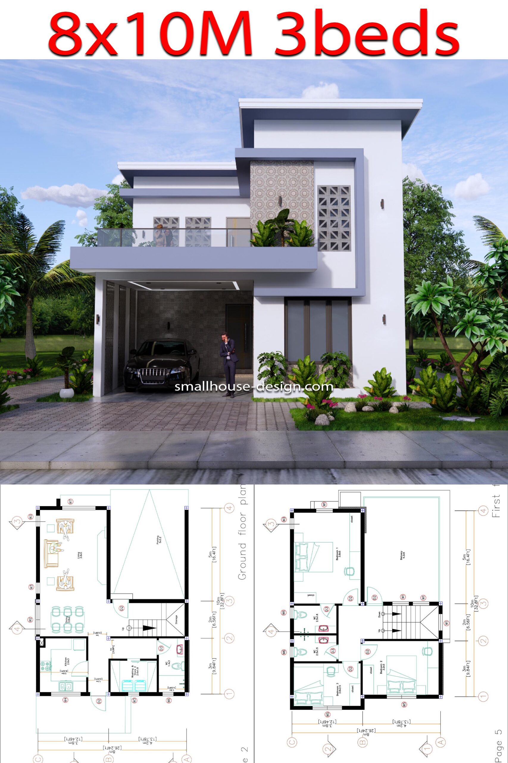 House Design Plans 3d 8x10 Meter 26x33 Feet Shed Roof PDF Plan p2