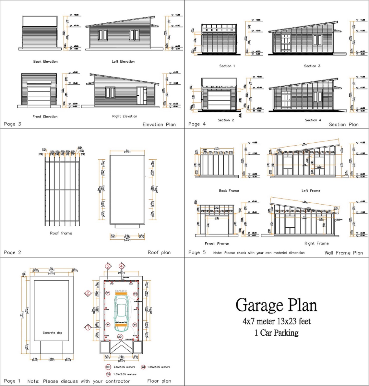 Garage Shed Roof 13x23 Feet 4x7 Meter 1 Car Shed Plan PDF Plans all