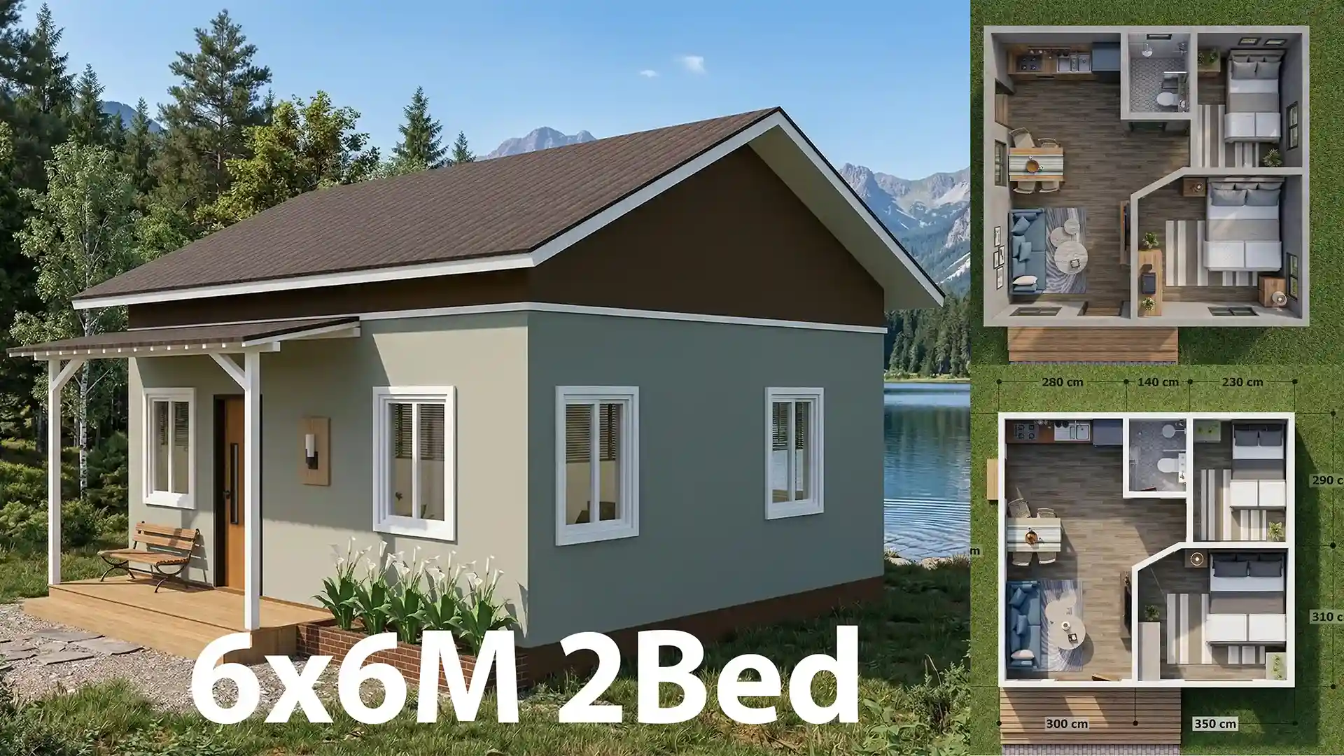 20x20 Feet Small House Plan | 6x6 Meter 2-Bedroom 1-Bath Gable Roof Home