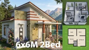 Modern 20x20 Cottage House Plan: 2 Beds, 1 Bath, 6x6 Meters
