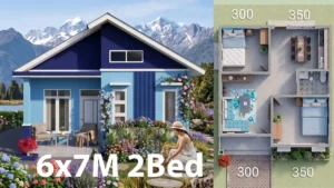 20x23 Feet Small House Design | 6x7 Meter 2 Bed 1 Bath Gable Roof Plan