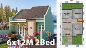 20x40 Small Block House Plan 6x12 Meter 2 Bed 1 Bath Gable Roof Design