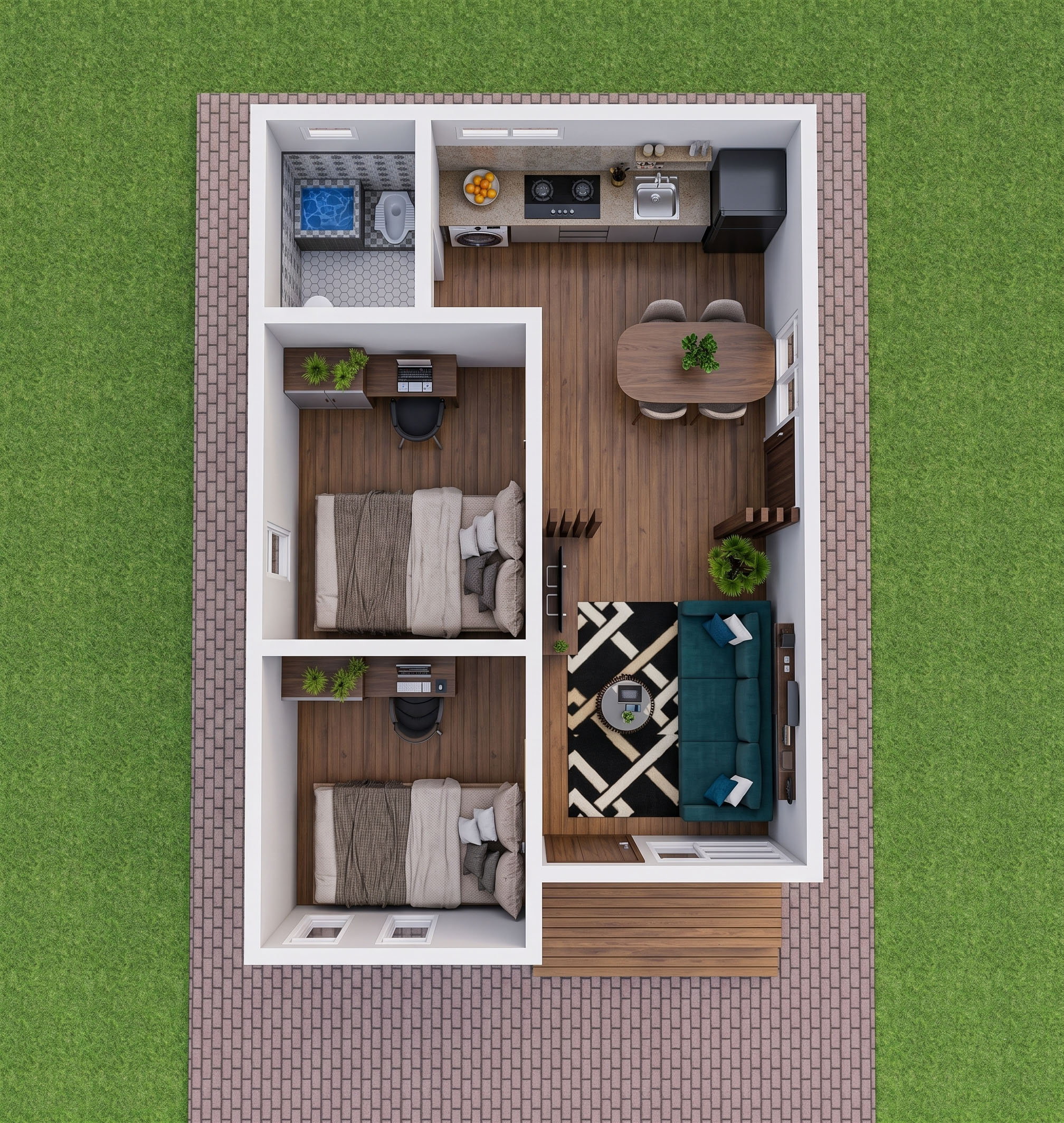 Modern 17x23 Feet Small House Design 5x7 Meter 2-Bed Gable Roof Plan