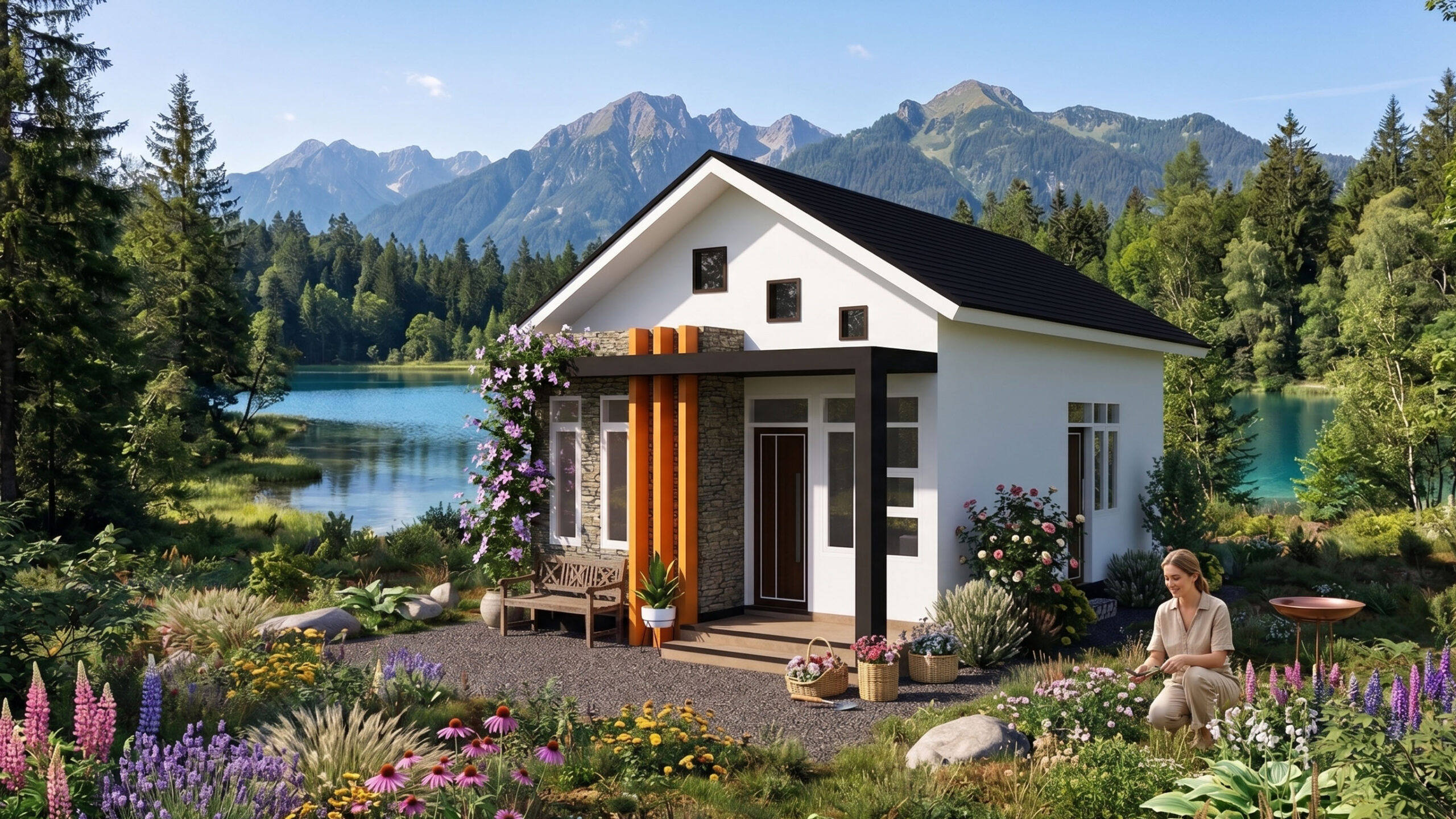 Modern 17x23 Feet Small House Design 5x7 Meter 2-Bed Gable Roof Plan