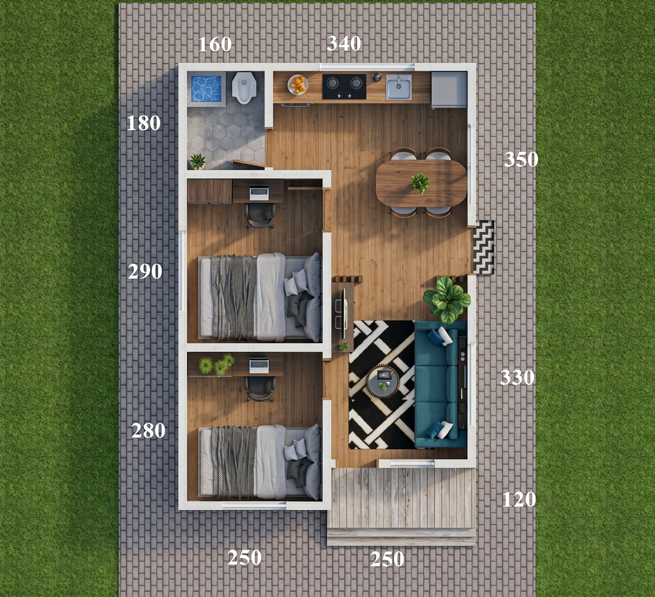 Modern 17x23 Feet Small House Design 5x7 Meter 2-Bed Gable Roof Plan