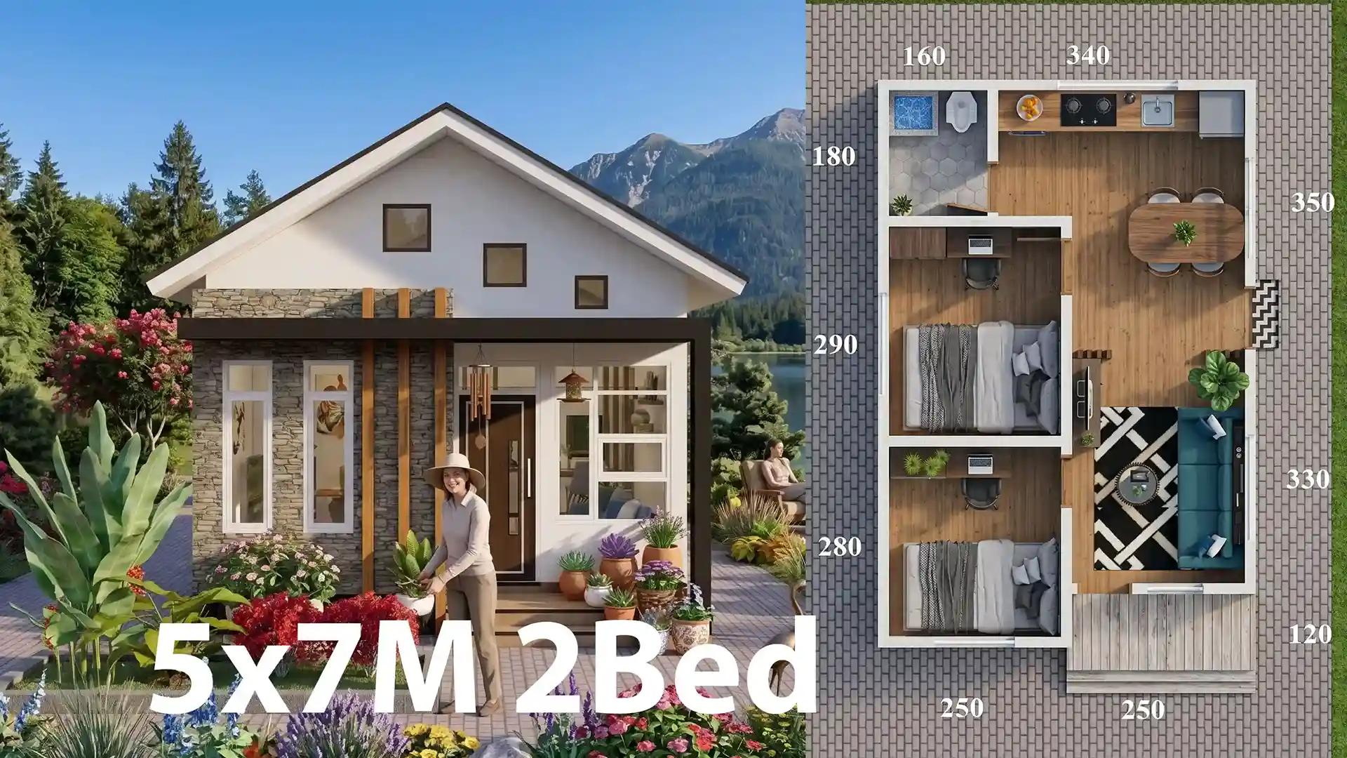 Modern 17x23 Feet Small House Design 5x7 Meter 2-Bed Gable Roof Plan