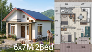 6x7 Meter Small House Plan 2 Bedrooms & 1 Bath Layout
