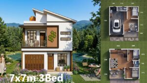 7x7m Small House Plan 3 Bedroom 2 Bath with Garage & Balcony