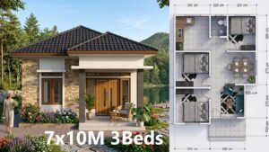 Affordable 7x10 Meter 3 Bedroom House Plan with Floor Layout